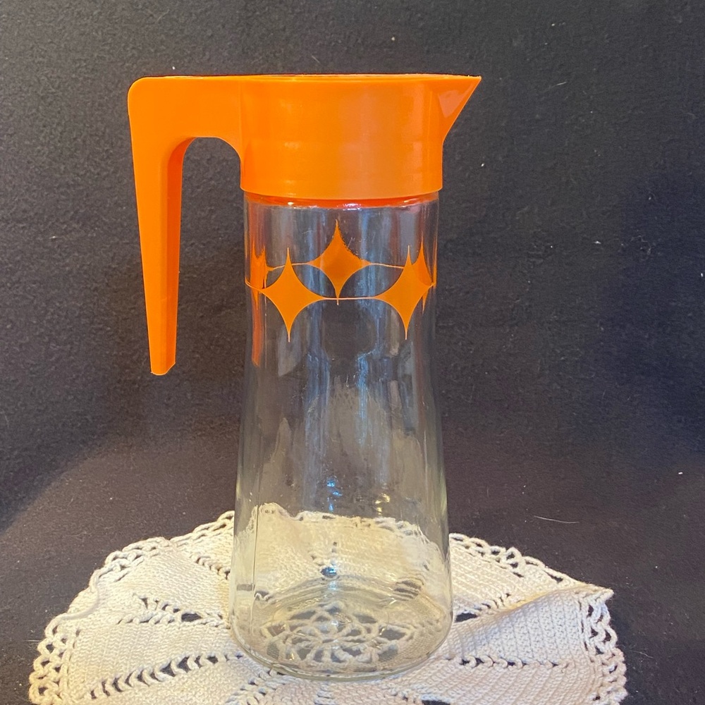 Vintage MCM Anchor Hocking L-4027 Glass Juice Pitcher Carafe, Orange Flip Lid